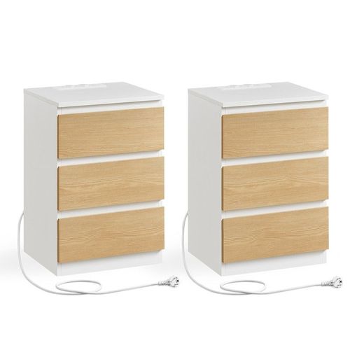 Table De Chevet Avec Multiprise, Lot De 2, Table D'appoint Avec 3 Tiroirs, 2 Prises Ca, 2 Ports Usb, Blanc Nuage Et Jaune Amande
