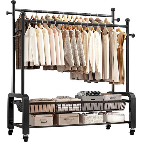ytseazn-Porte Manteau,Portant A Vetement,Portant Vetement Solide,Portant Vêtements Roulettes Avec Double Rangement Et Deux Cintres(Noir)