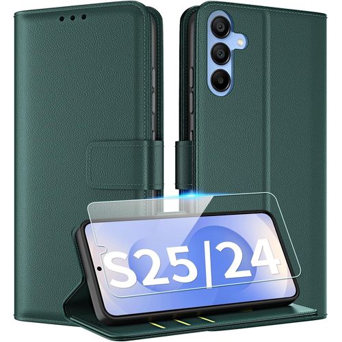 Coque Pour Samsung Galaxy S25 5g / S24 5g Coque Etui Avec Verre Trempé Porte Carte Rabat Clapet Portefeuille Cuir Pochette Antichoc Flip Case Étui Housse Protection Coque,Vert Foncé