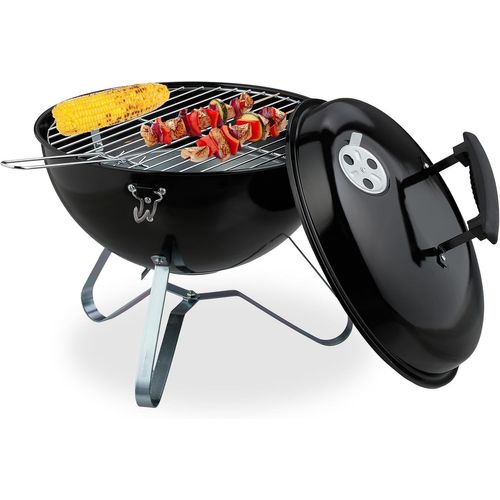 ASFASFq-Barbecue Portable, Grill Rond, Ø 37 cm, pour Table, Jardin, Balcon, avec Couvercle, bac à Charbon, Noir