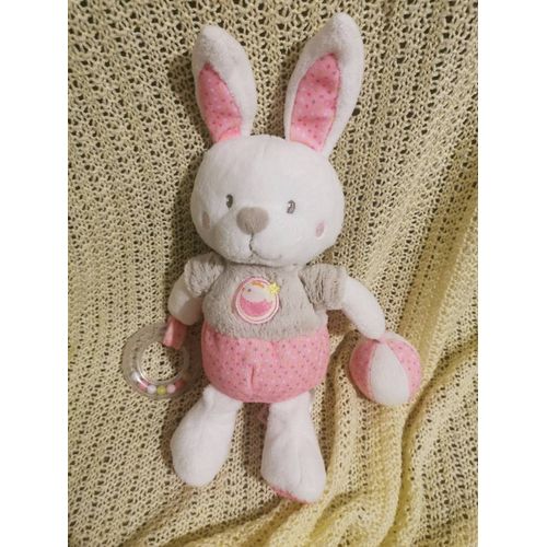 Doudou Peluche Lapin Rose Blanc Gris Balle Anneau Billes Mots D'enfants