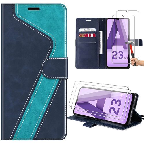 Coque + 2 Verres Trempés Pour Samsung Galaxy A23 5g, Protection En Cuir Pu À Motif Avec Fentes Pour Cartes Et Béquille, Bleu - E.F.Connection