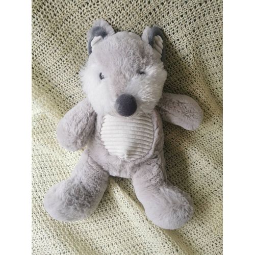 Doudou Peluche Loup Renard Gris Gros Velours Côtelé Blanc Tom Et Kiddy Bisous D'ange