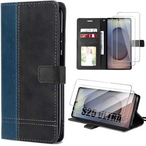 Coque + 2 Verres Trempés pour Samsung Galaxy S25 Ultra, Protection Anti-Rayures Effet Cuir Bicolore Bleu Marine - EFConnection