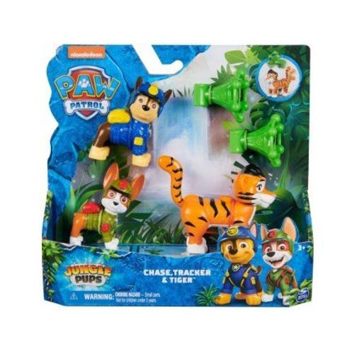 Coffret Pat Patrouille Jungle : Chien Tracker + Chase + Tigre + 2 Accessoires + 1 Carte Animal - Set Figurine