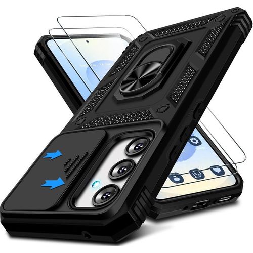 Coque pour Samsung Galaxy S25 5G avec 2 Verre Trempé ,Support 360° Rotatif, Protection Caméra Coulissante,Renforcée Antichoc - HQSELECTION®