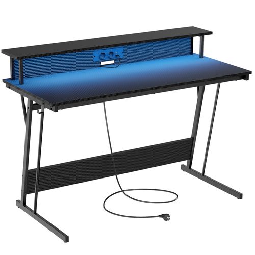 Bureau Gaming Avec Led Et Multiprise, Table Gamer, Noir Carbone