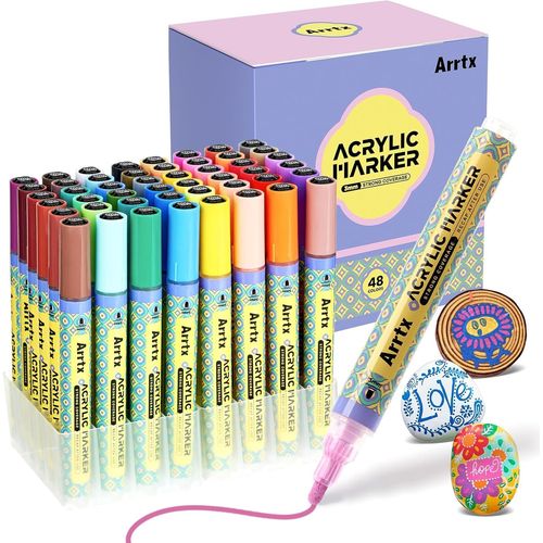 Arrtx 48 Feutre Acrylique Peinture Stylo, Marqueurs Acryliques Résistants À L'Eau Pour Pierres, Marqueurs De Couleur De 3 Mm À Pointe Moyenne, Marqueur Peinture Acrylique Pour Bois,Toile,Verre,Métal