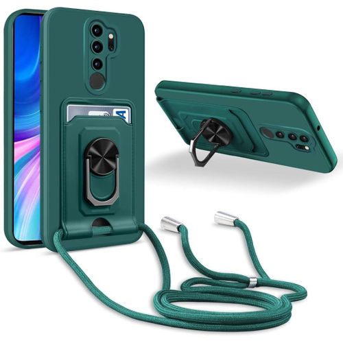 Coque Cordon De Collier Compatible Avec Xiaomi Redmi Note 8 Pro, 360¡Ãanneau Support Avec Fente Carte Protection De La Camera Silicone Case-Vert