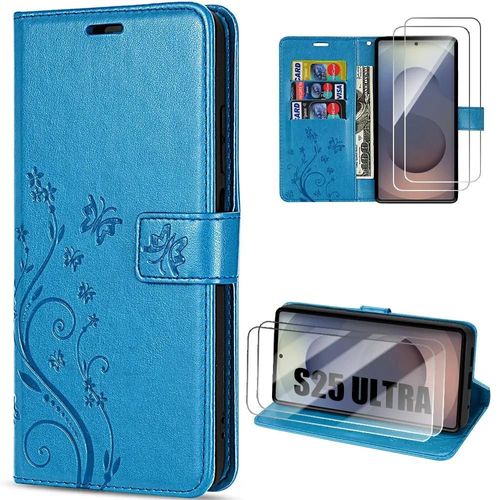 Coque + 2 Verres Trempés Pour Samsung Galaxy S25 Ultra, Protection Anti-Rayures Cuir Pu Bleu Motif Relief Floral - Efconnection