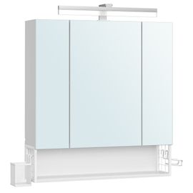 Meuble De Salle De Bain 3 Portes, Armoire Murale Avec Miroir, Multiprise, Panier Suspendu, Support Pour Sèche-Cheveux, Blanc Nuage