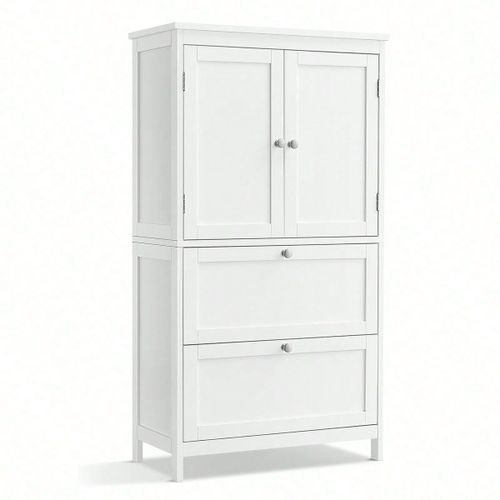 Armoire De Salle De Bain, Avec 2 Tiroirs Et 2 Portes, Étagères Réglables, 60 X 30 X 110 Cm, Blanc