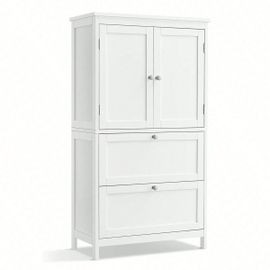 Armoire De Salle De Bain, Avec 2 Tiroirs Et 2 Portes, Étagères Réglables, 60 X 30 X 110 Cm, Blanc