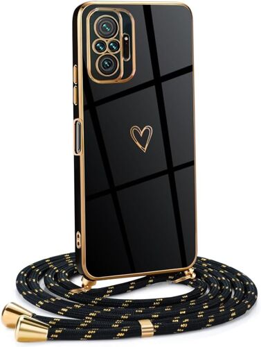 ELVORIX-Coque pour Xiaomi Redmi Note 10 Pro 4G avec Cordon de Collier, Coque avec Cordon Motif Coeur d'amour TPU Housse, Collier RéglableTéléphone Portable Lanyard Case Xiaomi Note 10 Pro 4G, Or Noir