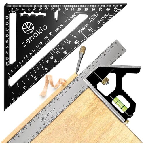 JEXNOVASHOP-Equerre Menuisier (Set de 2) - Kit Complet Équerres de Charpentier 12-EN-1 - Équerre Trusquin Metal 185mm + Outils de Traçage 300mm - Equerres Multifonctionnels pour Bricolage Outillage,