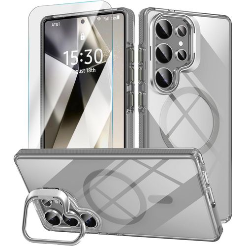 Compatible Avec Samsung Galaxy S25 Ultra Coque Avec Support, Magnétique Transparent Anti-Choc Bumper Étui Avec Protection D'écran Pour S25 Ultra-Gris[Coque6184526]