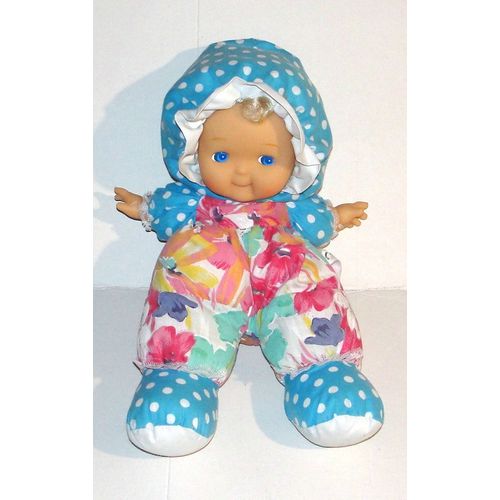 poupée de chiffon en tissu fleuri bleu à pois nicotoy - doudou peluche fillette 38 cm