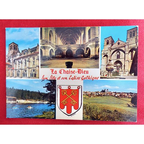 Carte Postale Multivues La Chaise-Dieu, Son Site Et Son Eglise Gothique. Haute-Loire. Armoiries. Plan D'Eau. Le Cloître De L'Eglise Abbatiale De Saint-Robert. Vue Générale.