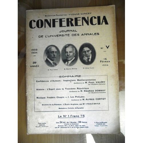 Conférencia N°V 15 Février 1934 Confidences D'auteurs Inspirations Méditerranéennes Etc..