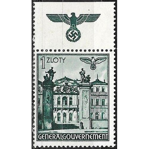 Pologne 1941, Occupation Allemande, General Gouvernement, Très Beau Timbre Neuf** Luxe Yvert 67a, Vue Du Palais Bruhl À Varsovie, 1zl. Vert Gris, Avec Vignette Bord De Feuille, Aigle Et Croix Gammée.