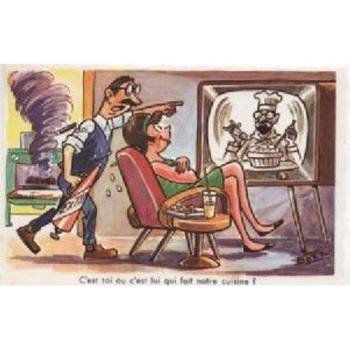Carte Postale Théme Humour - C'Est Toi Ou C'Est Lui Qui Fait Notre Cuisine ? Illustration Bozz