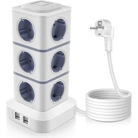 2500W Tour Multiprise Électrique,Tour Multiprise Parafoudre avec 12 Prises et 4 Ports USB,Multiprise USB-3 Interrupteurs Individuel