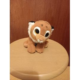 Peluche tigre TY, coloris beige, blanc, noir, yeux grosses perles jaune pailleté, noir, museau plastique beige et brodé, dessous de pattes feutrine, longueur 22 cm, hauteur 12,5 cm, largeur 11 cm.