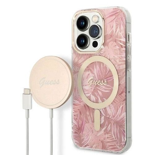Iphone 14 Pro | Coffret Guess Coque Magsafe Jungle + Chargeur Magsafe 15w Doré