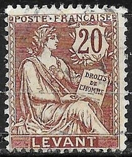 France 1902 / 1920, Bureaux Commerciaux Au Levant - Liban, Syrie, Turquie, Egypte, Beau Timbre Yvert 16, Type Mouchon 20c. Brun Lilas, Libellé "Levant", Oblitéré, Tbe.