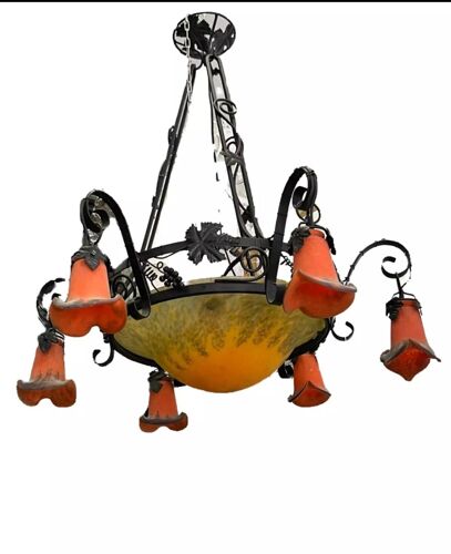 Grand Lustre Ancien En Forme De Fleur, Orange & Noir, 6 Lampes, Élégant