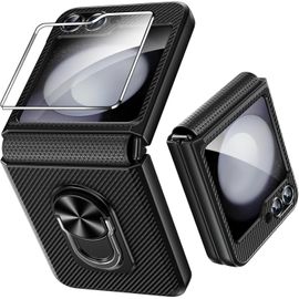 Kal-Coque Pour Samsung Galaxy Z Flip 7 Fe/Z Flip 6 Avec Protection D'écran Arrière & Charnière,Anneau Rotatif À 360 ° Etui,Antichoc Housse Case Cover Galaxy Z Flip 7 Fe/Z Flip 6,Fibre Carbone Noir