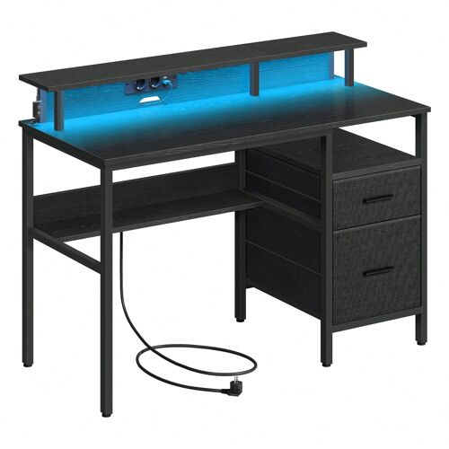Bureau Gaming avec lumières LED et Multiprise, Bureau Informatique avec support d'écran, 2 Tiroirs, 2 Ports USB, pour bureau, Noir Boisé