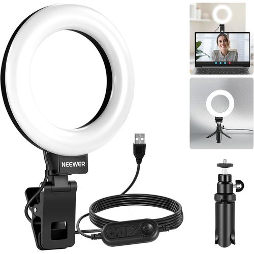 NEEWER Basic 5" Ring Light avec Clip et Trépied,10W 3000k-6000K Dimmable Clip sur Lumière pour Laptop Computer Monitor Vidéoconférence,Selfie,Vlog,Maquillage,Live Streaming,Enregistrement Vidéo,BR60