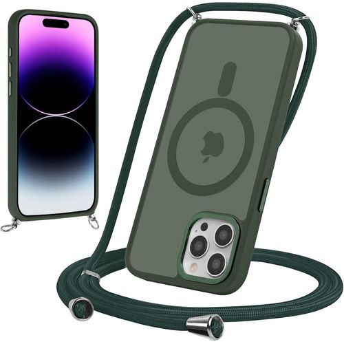 Sjzg-Magnétique Coque Pour Iphone 12 Pro Max 6,7"" Avec Cordon, Compatible Avec Magsafe, Étui Mat Translucide Rigide Pc + Tpu Bumper Antichoc Protection Housse Réglable Collier Laniere Case, Vert 1
