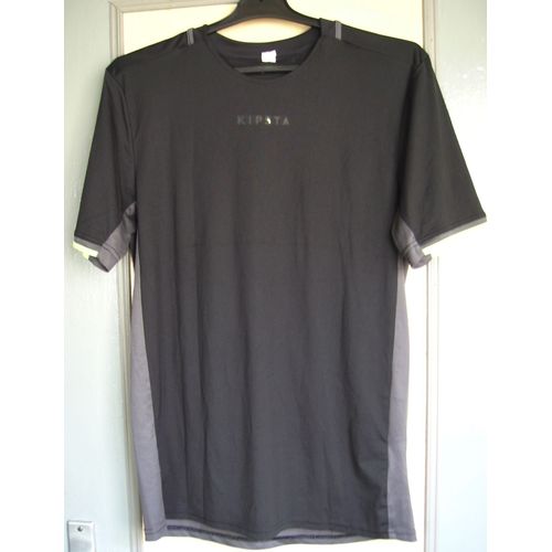 T-Shirt Manches Courtes Noir Et Gris Liserés Vert Fluo- Kipsta - Taille M