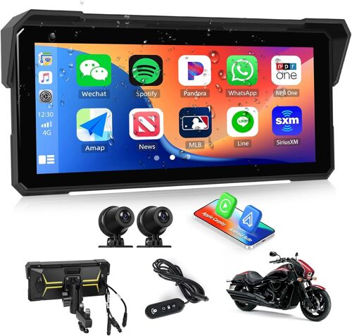 \u200b Écran Moto 8,1 Pouces HD Double Caméra AV/AR, CarPlay & Android Auto sans Fil, IP68, Bluetooth | Moniteur Universel DVR avec Réglage EQ pour Motos