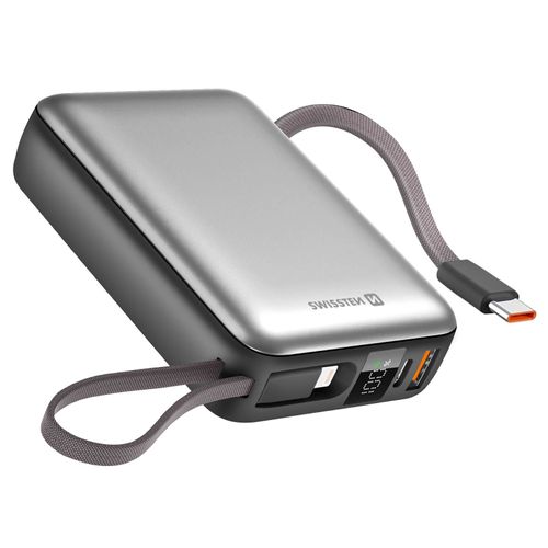 Batterie Externe 20000mah Avec Câbles Usb-C Et Lightning Compacte Swissten Argent