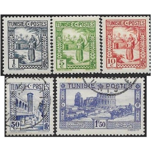 Tunisie, Protectorat Français 1931 / 33, Beaux Timbres Neuf** / Oblitérés Yvert 161 164 165 171 Et 175, Porteuse D'Eau, Mosquée Alfaouine De Tunis Et Amphithéâtre D'El Djem.
