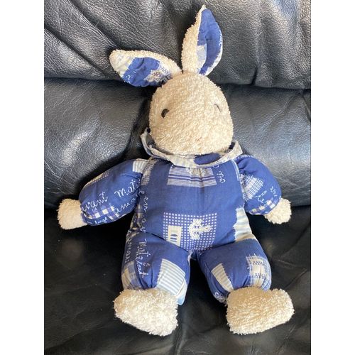 Doudou peluche lapin blanc et bleu tissus ancre de bateau ajena 33cm