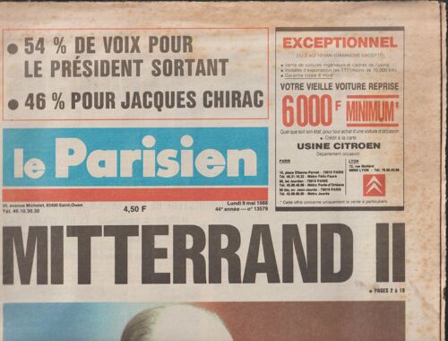 Le Parisien Du 9 Mai 1988  N° 13579 : Mitterrand Ii