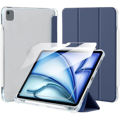 Coque + Verre Trempé Pour Ipad Air 11 Pouces M2/M3 2024 2025, Protection Antichoc Bleu Marine Avec Porte-Stylet - E.F.Connection