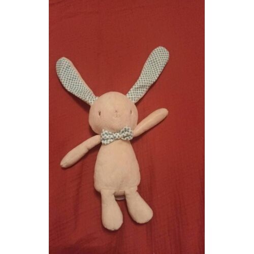 Doudou lapin bleu vert noeud papillon grande oreille damier carre