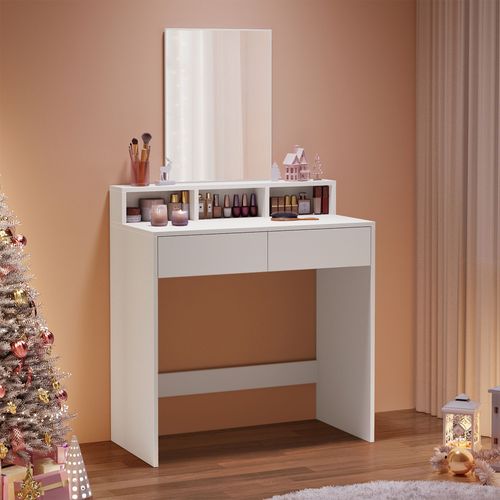Coiffeuse Avec Miroir, 2 Tiroirs, 3 Compartiments De Rangement, 80 X 40 X 140 Cm, Sans Tabouret, Style Moderne, Blanc