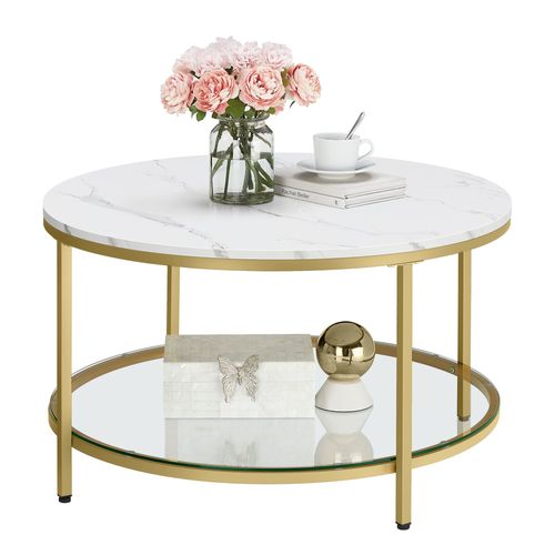 Table Basse, Façon Marbre, Support En Verre Trempé, Facile À Assembler, Pour Salon, Blanc Marbré Et Doré Métallique