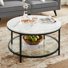 Table Basse, Support En Verre Trempé, Facile À Assembler, Blanc Marbré Et Noir