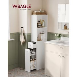 Meuble De Salle De Bain Haut, Colonne Avec Tiroirs Et Étagère Réglable, 40 X 18 X 134,4 Cm (P X L X H), Style Moderne, Blanc Classique