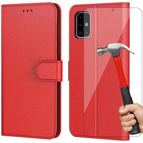 Lot 2 Verres Trempes + Coque Pour Samsung A51 (6.5'') Rouge Effet Cuir Anti-Choc Protection 360 degre Portefeuille Porte-Carte