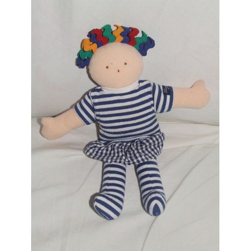 POUPEE TISSU CHIFFON TROUSSELIER BEU RAYE VICHY 26 cm
