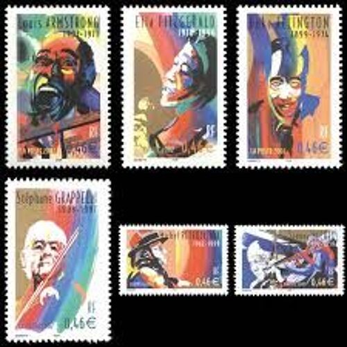 Etoiles Du Jazz : Amstrong, Bechet, Ellington, Fitzgerald, Grappelli, Petrucianni Série Complète Année 2002 N° 3500 35001 3502 3503 3504 3505 Yvert Et Tellier Luxe