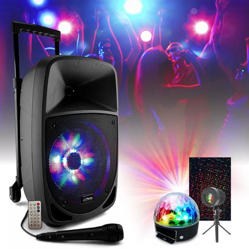 Enceinte Nomade sur batterie 300W Bluetooth PARTY-8LED Micro - Karaoke - Chariot - 2 Jeux de Lumière Astro et Faisceaux multipoints